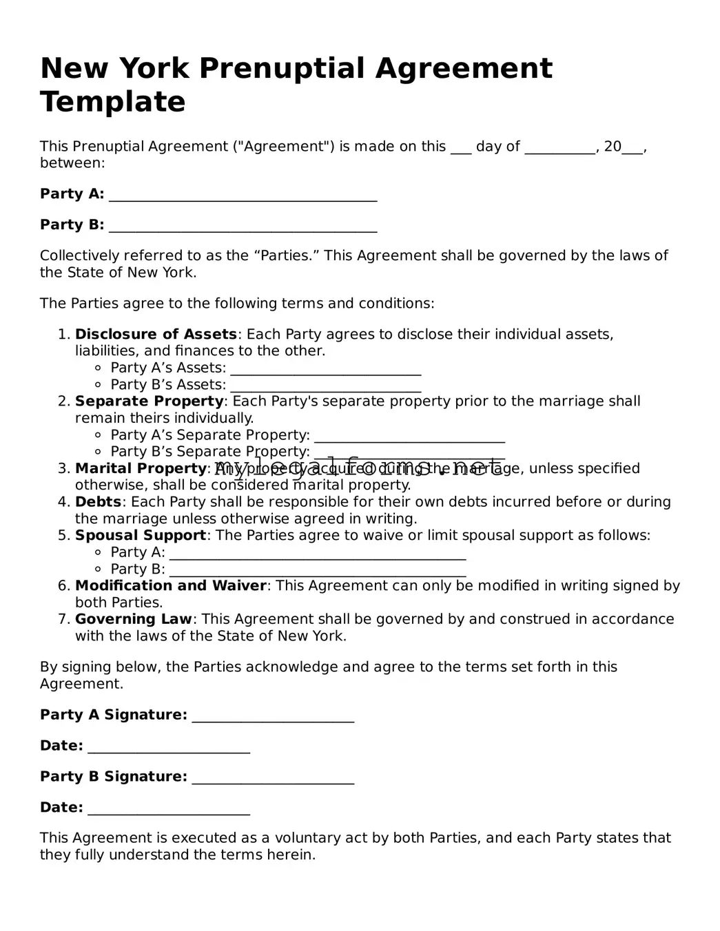 Prenuptial Agreement Document for New York State