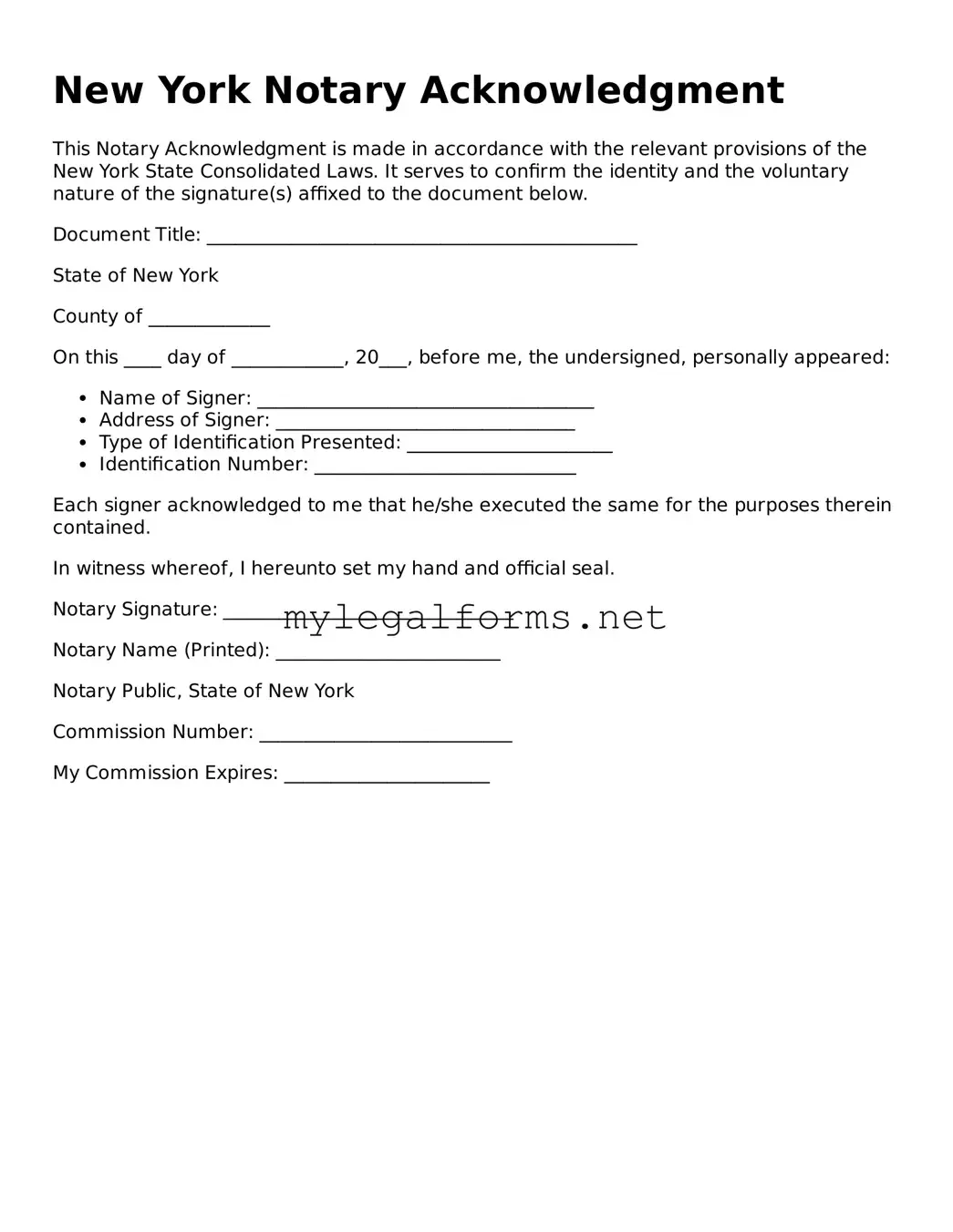 Notary Acknowledgement Document for New York State