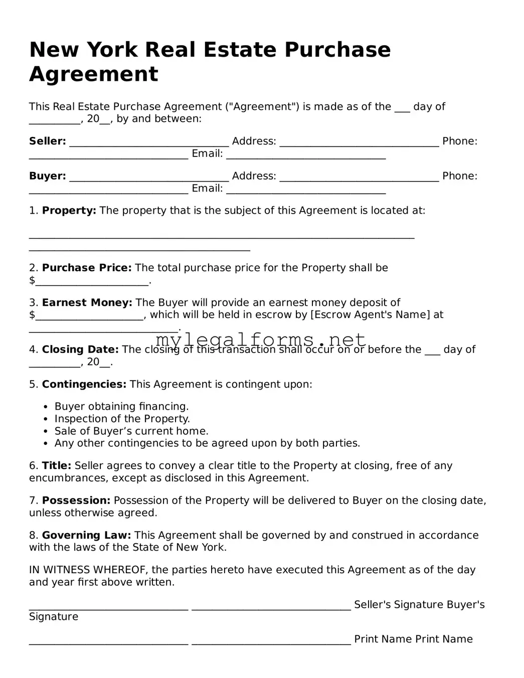Real Estate Purchase Agreement Document for New York State