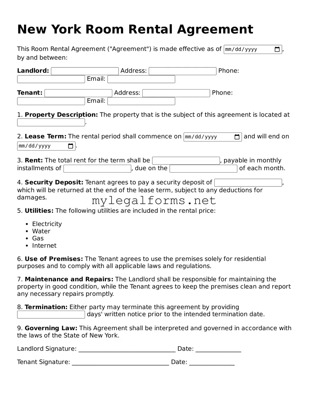 Room Rental Agreement Document for New York State