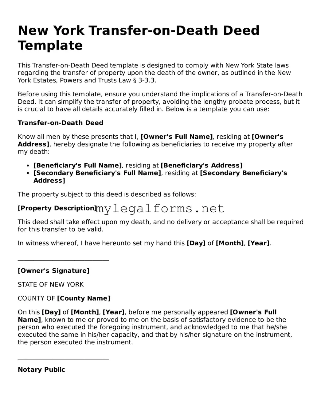 Transfer-on-Death Deed Document for New York State