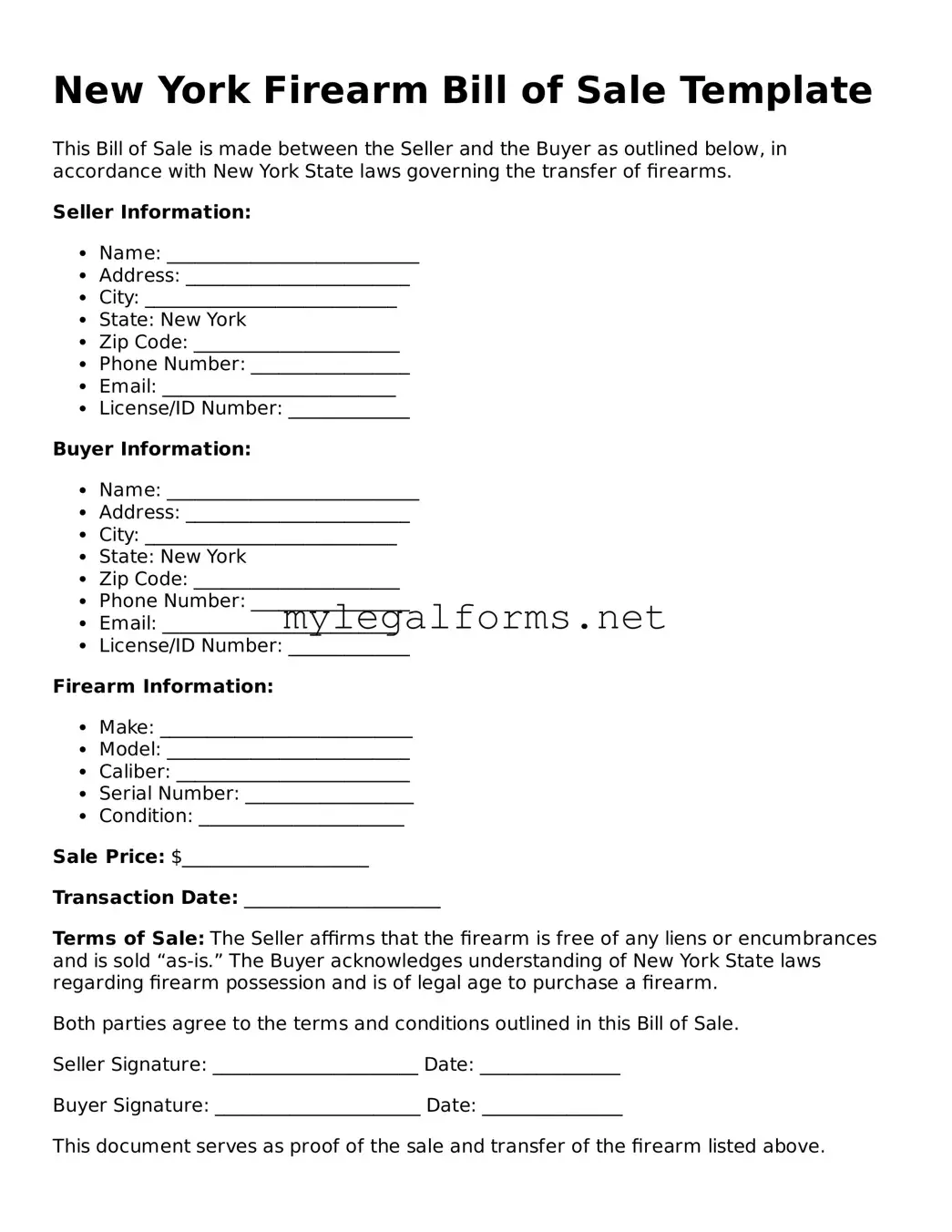 Firearm Bill of Sale Document for New York State