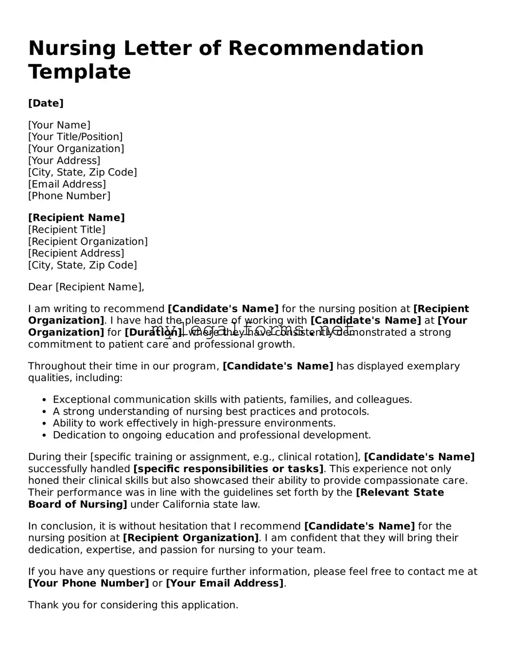 Attorney-Approved Nursing Letter of Recommendation Form
