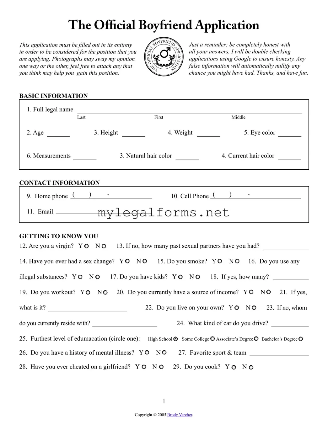 Boyfriend application form Template