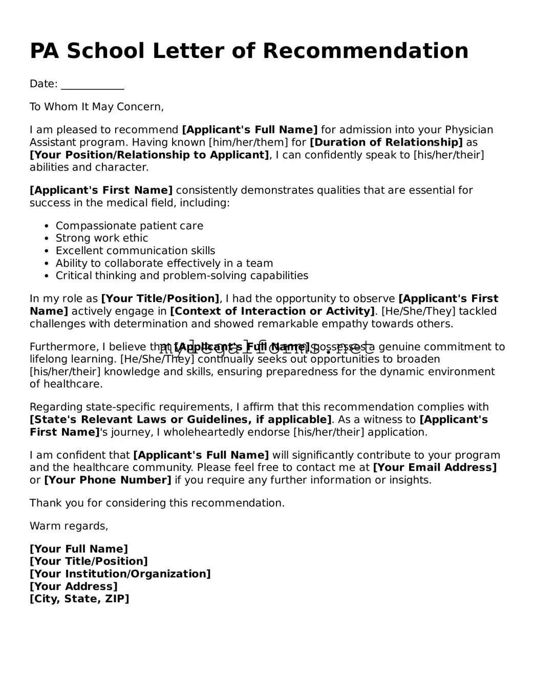 Attorney-Approved PA School Letter of Recommendation Form