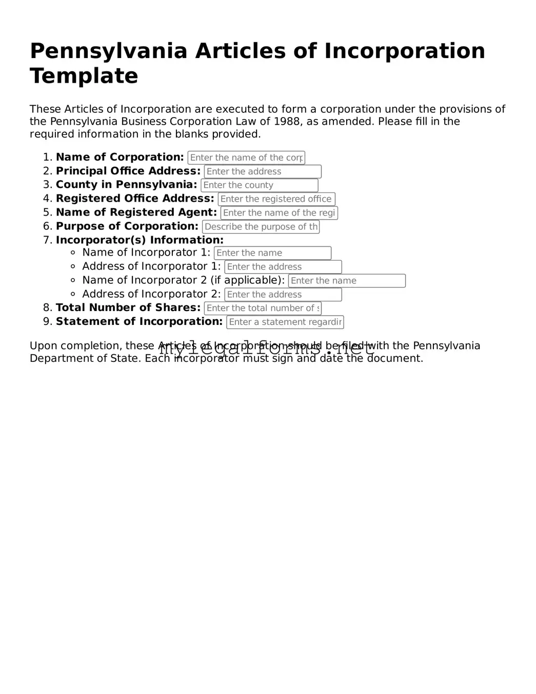 Articles of Incorporation Document for Pennsylvania State