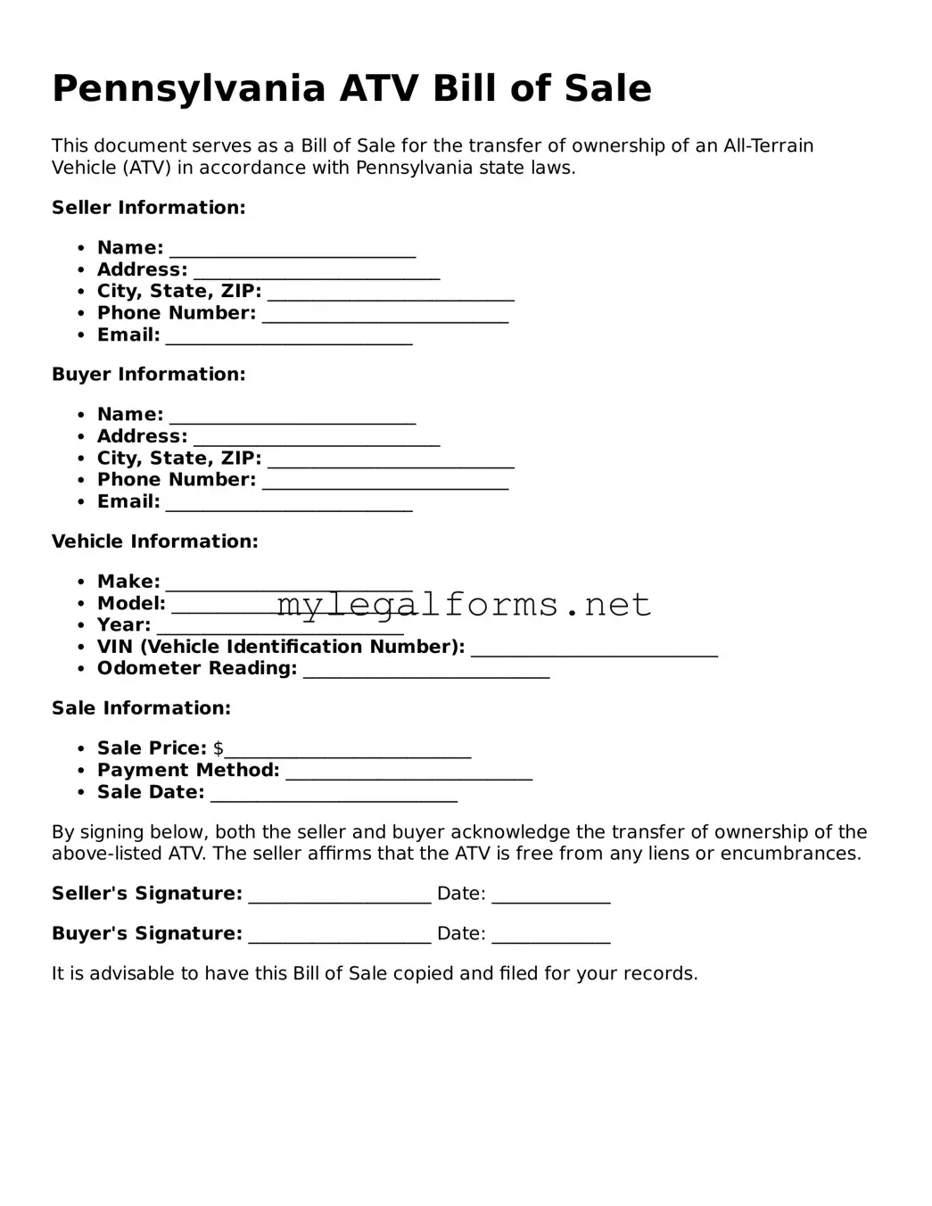 ATV Bill of Sale Document for Pennsylvania State