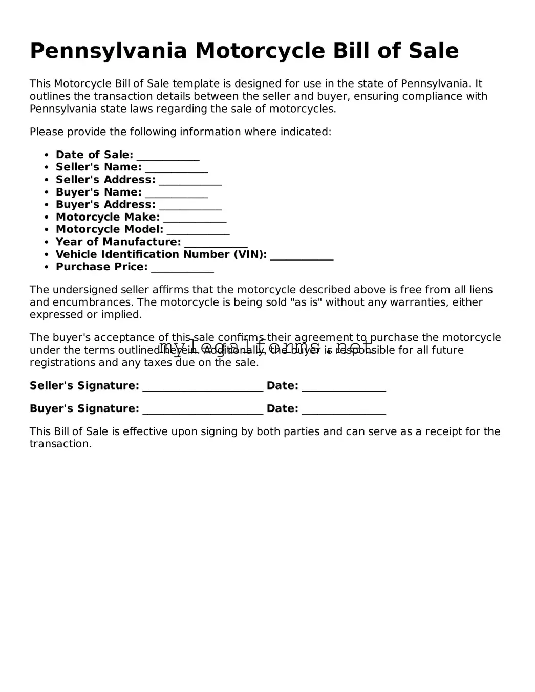 Motorcycle Bill of Sale Document for Pennsylvania State