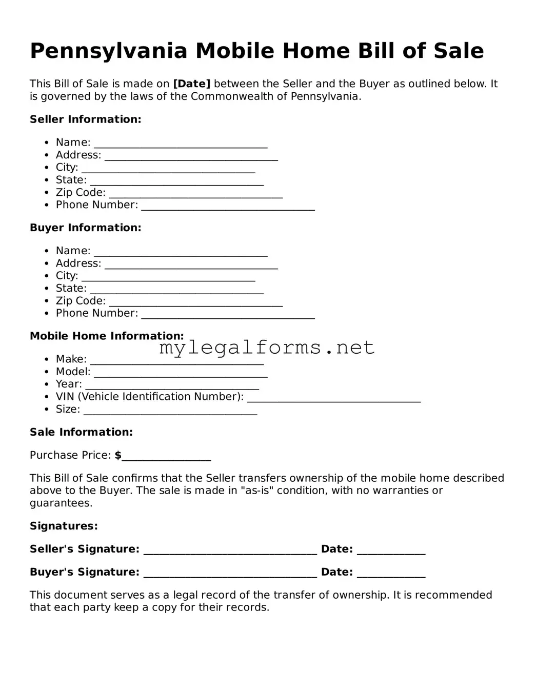 Mobile Home Bill of Sale Document for Pennsylvania State