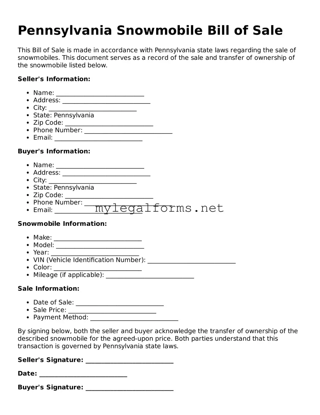 Snowmobile Bill of Sale Document for Pennsylvania State