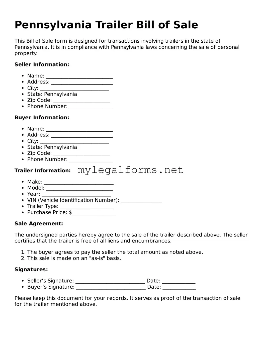 Trailer Bill of Sale Document for Pennsylvania State