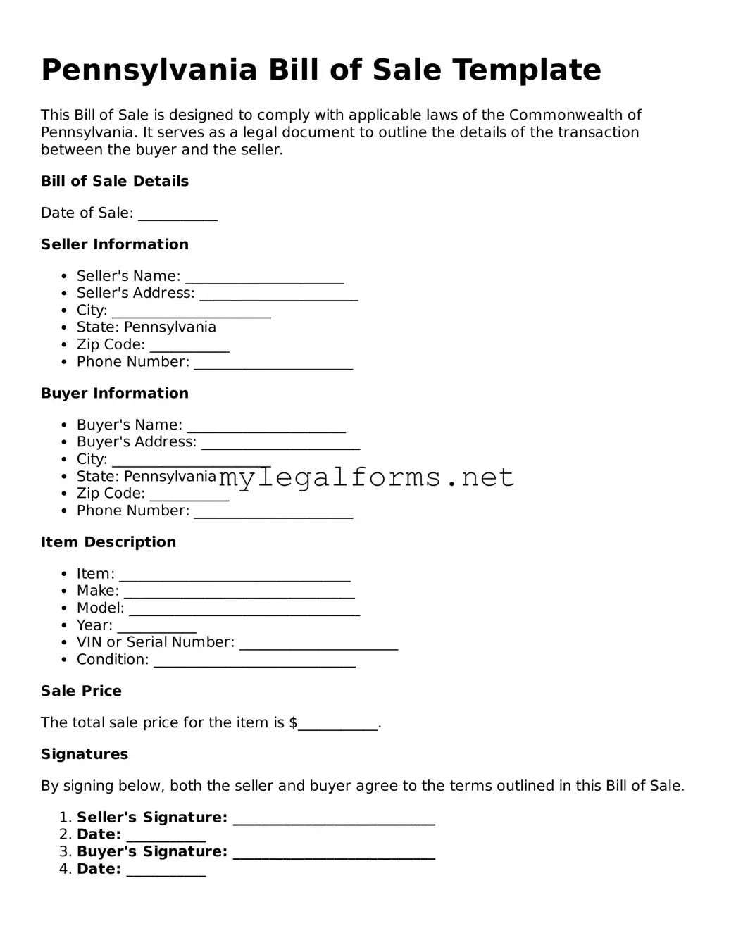 Bill of Sale Document for Pennsylvania State