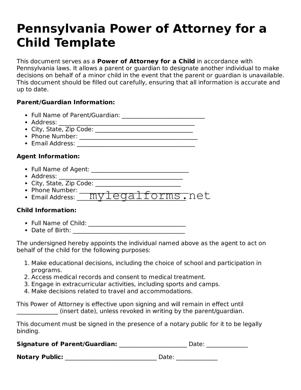 Power of Attorney for a Child Document for Pennsylvania State