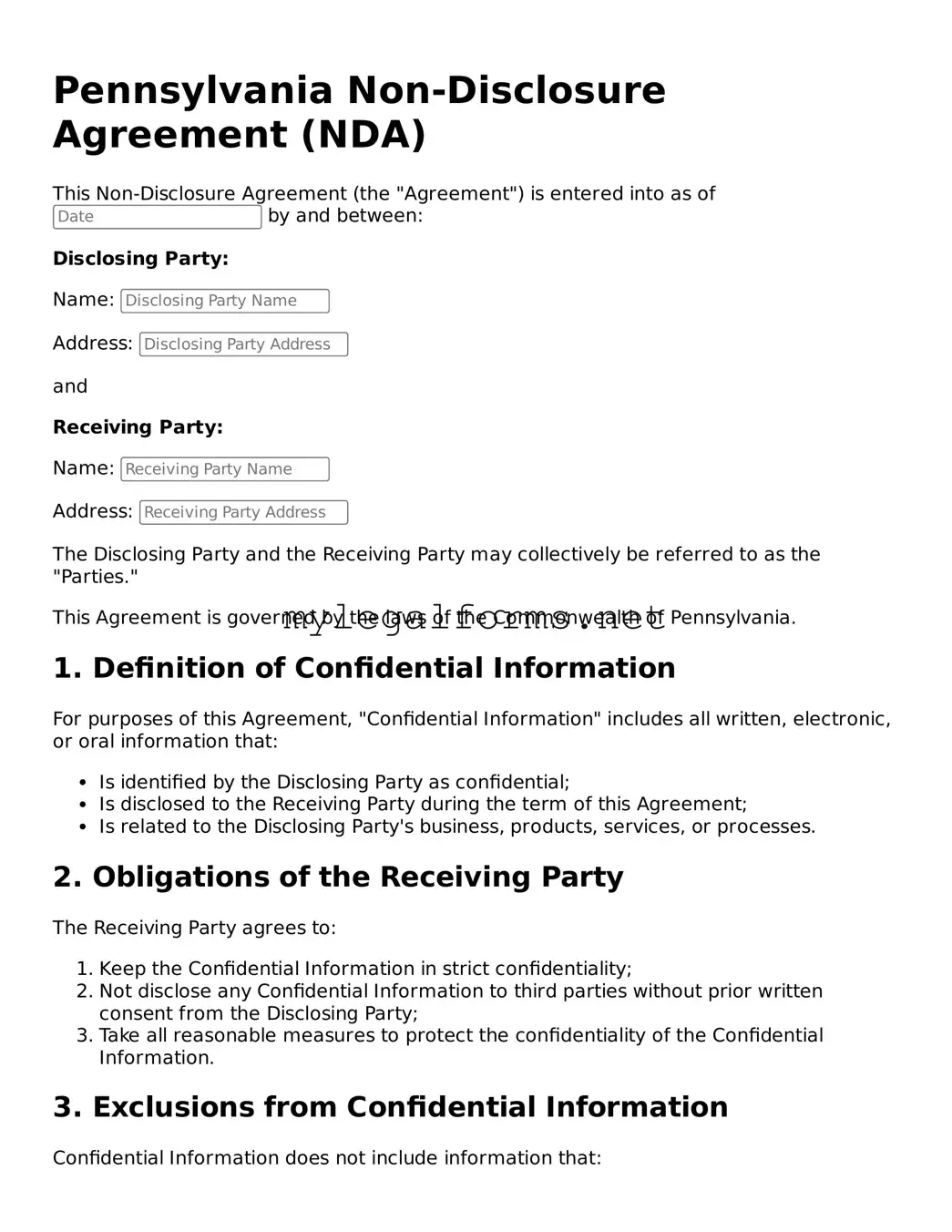 Non-disclosure Agreement Document for Pennsylvania State