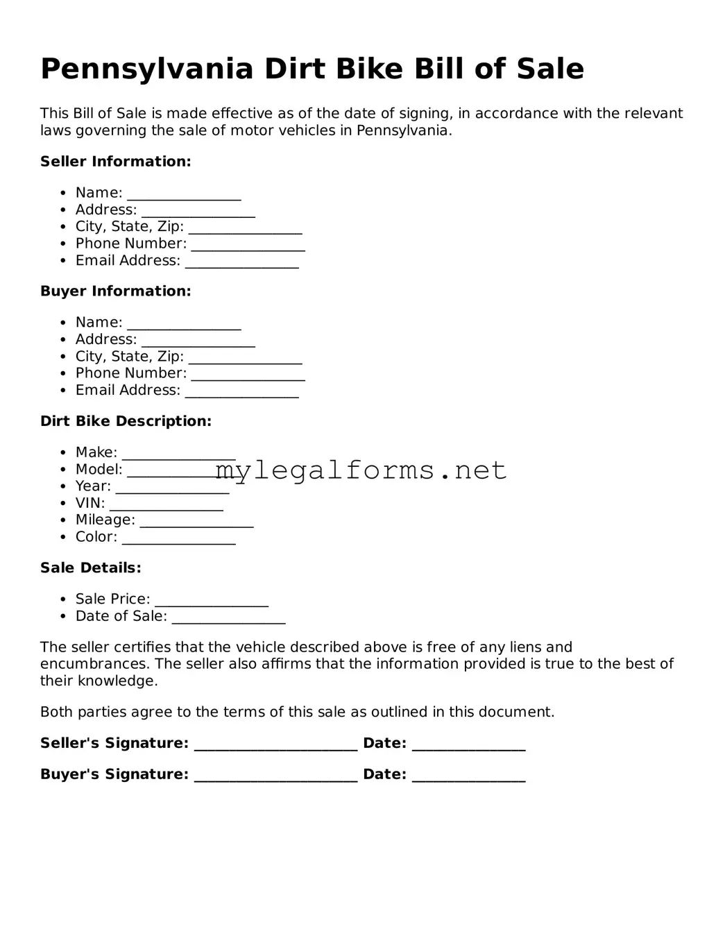 Dirt Bike Bill of Sale Document for Pennsylvania State