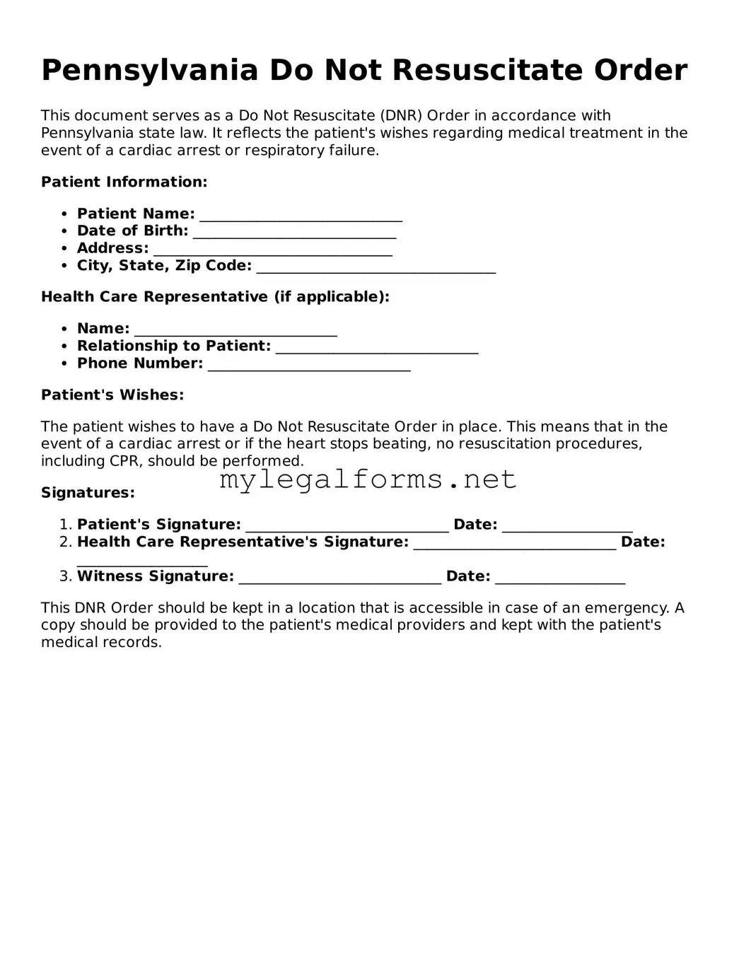 Do Not Resuscitate Order Document for Pennsylvania State