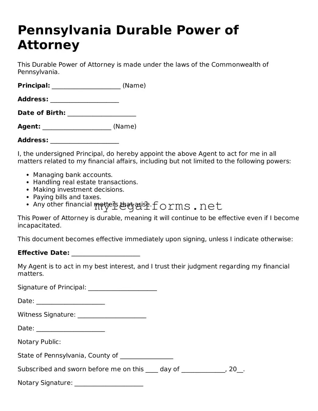 Durable Power of Attorney Document for Pennsylvania State