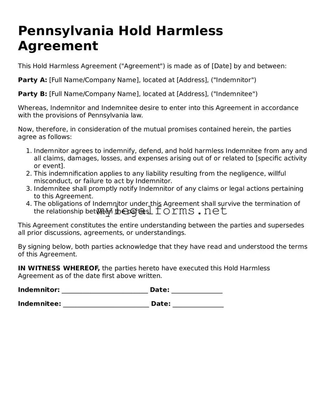 Hold Harmless Agreement Document for Pennsylvania State