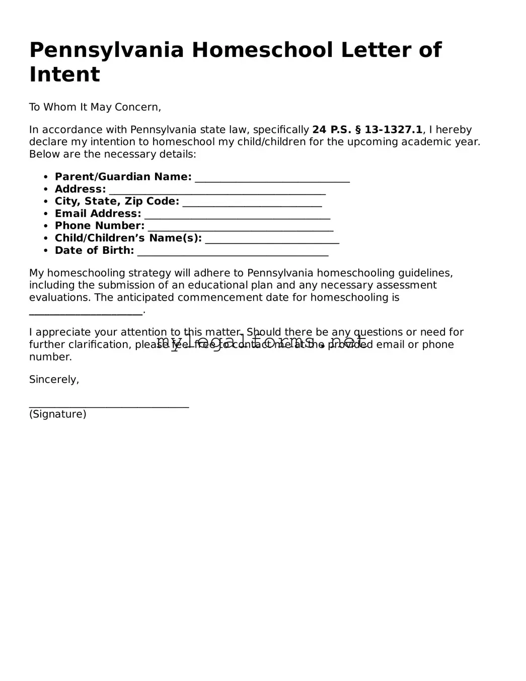 Homeschool Letter of Intent Document for Pennsylvania State