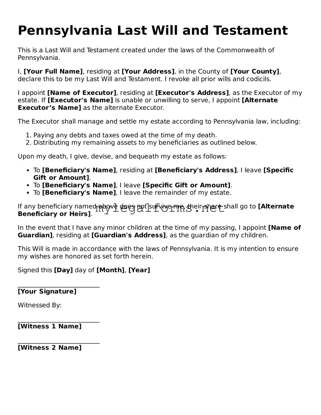Last Will and Testament Document for Pennsylvania State