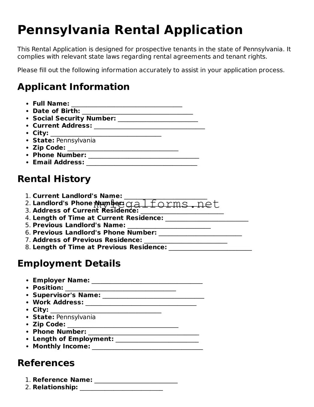Rental Application Document for Pennsylvania State