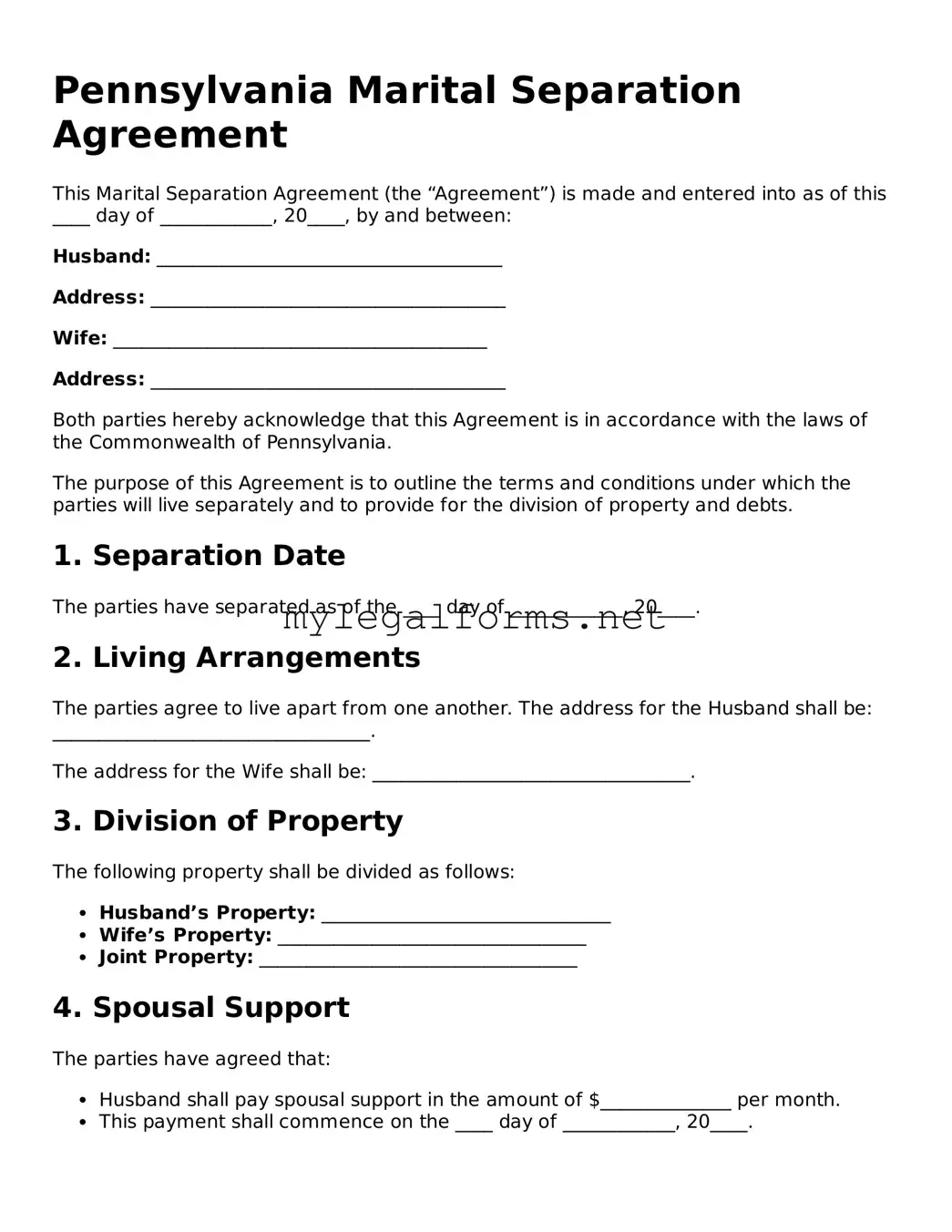 Marital Separation Agreement Document for Pennsylvania State