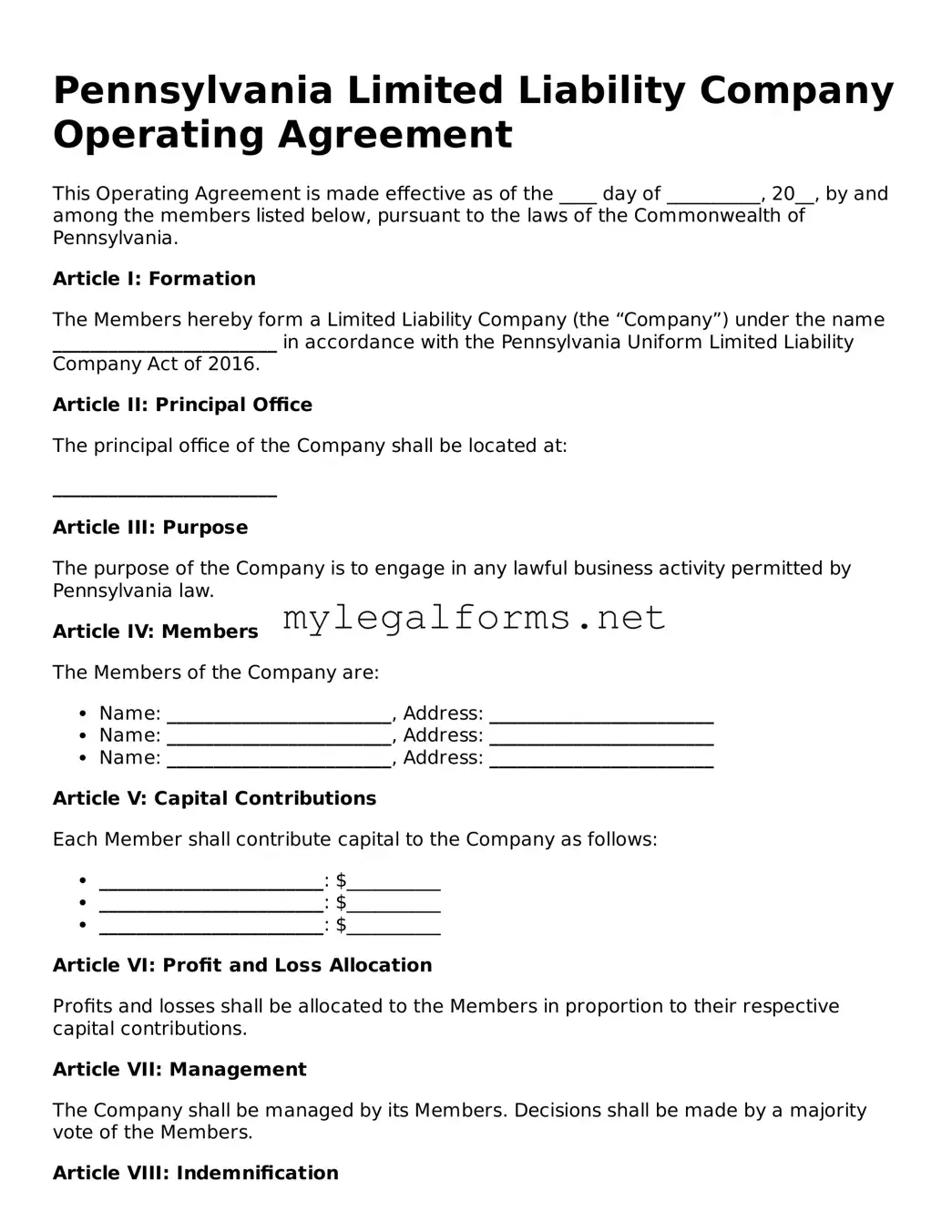 Operating Agreement Document for Pennsylvania State
