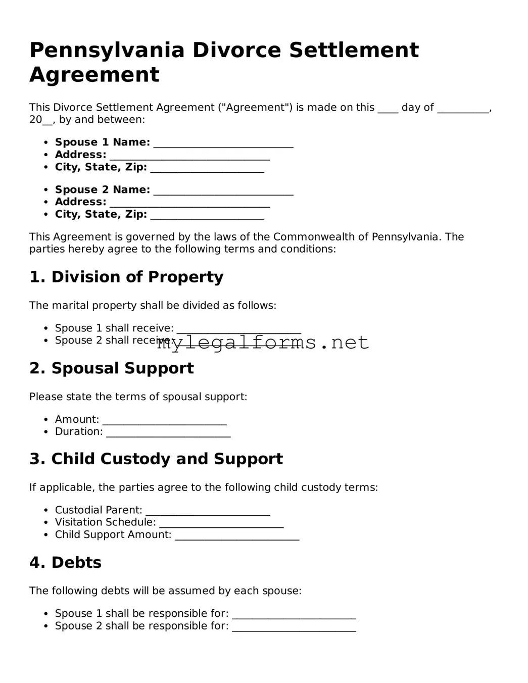 Divorce Settlement Agreement Document for Pennsylvania State