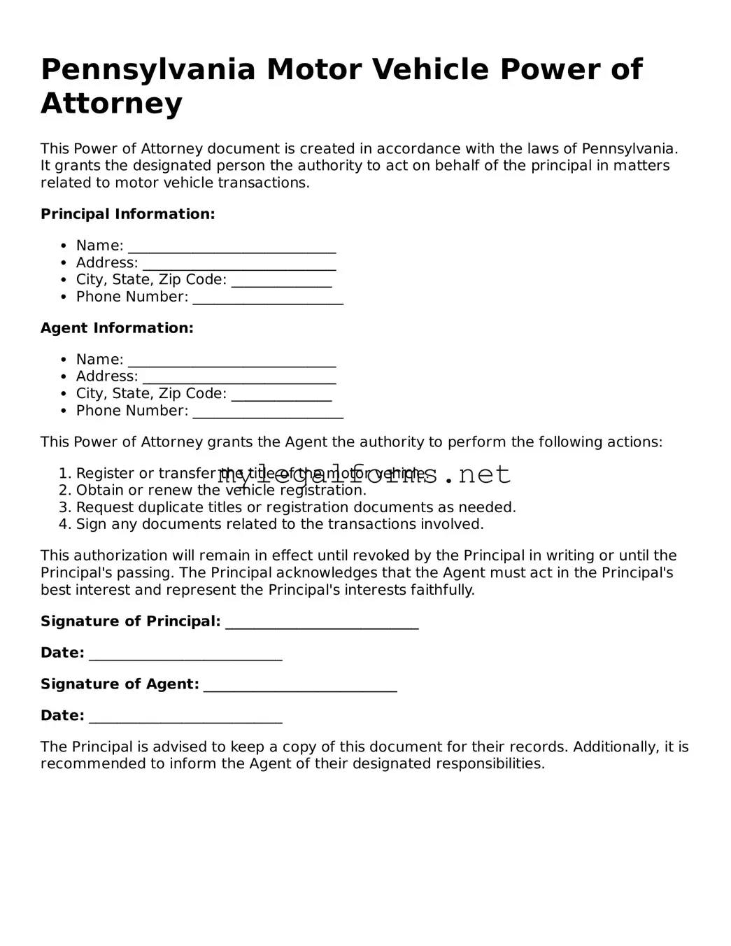 Motor Vehicle Power of Attorney Document for Pennsylvania State