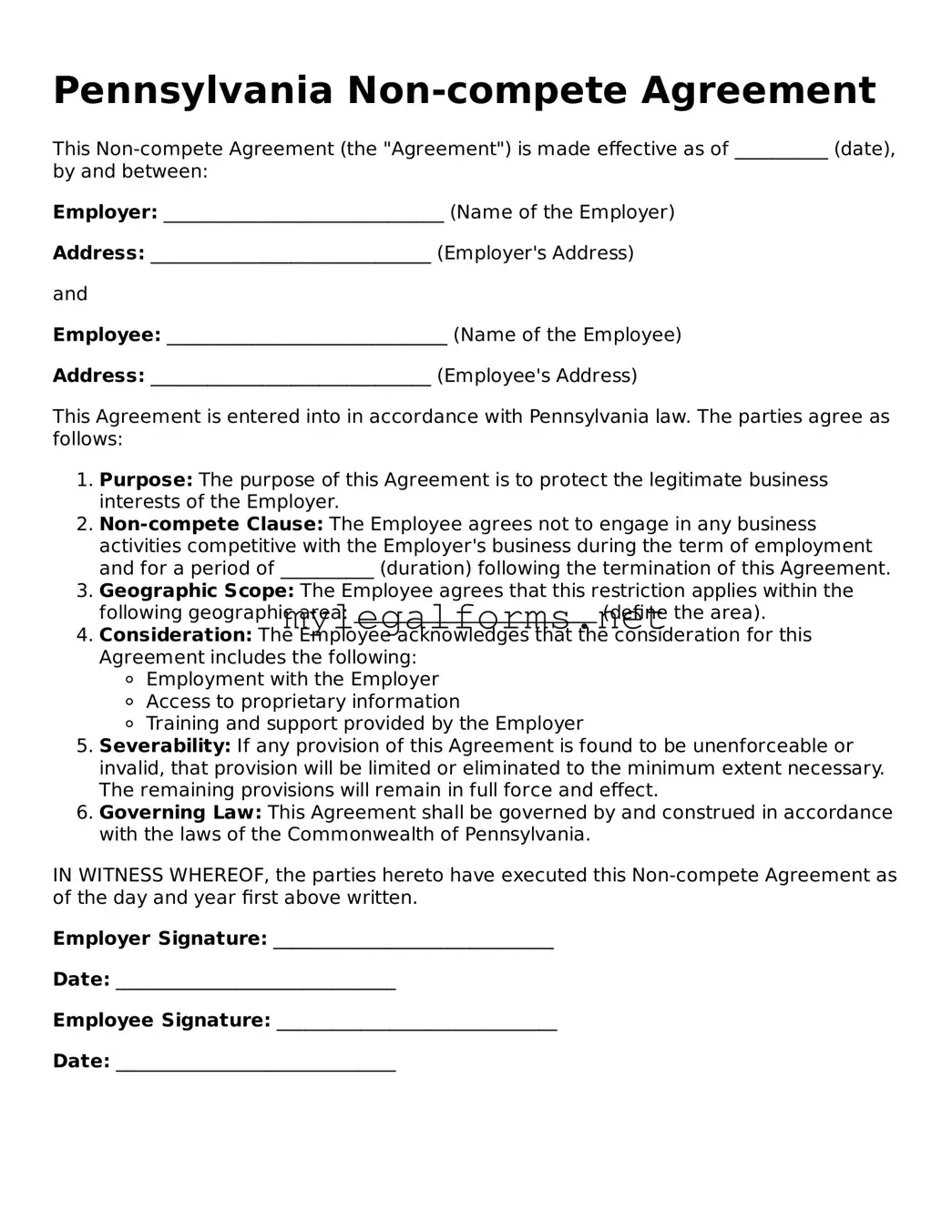 Non-compete Agreement Document for Pennsylvania State