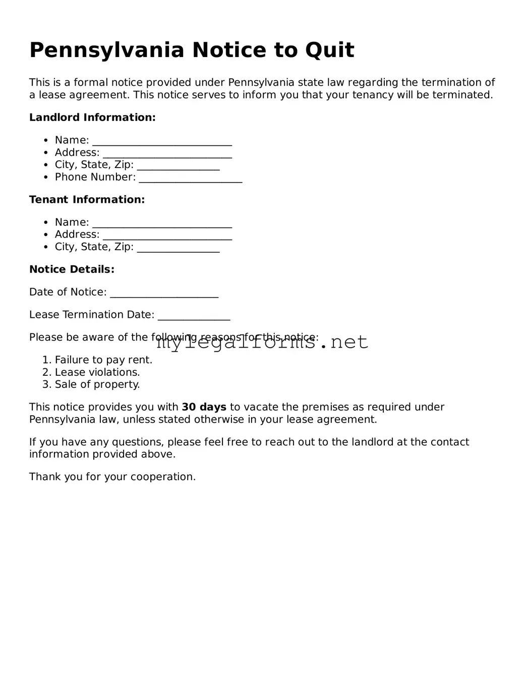 Notice to Quit Document for Pennsylvania State