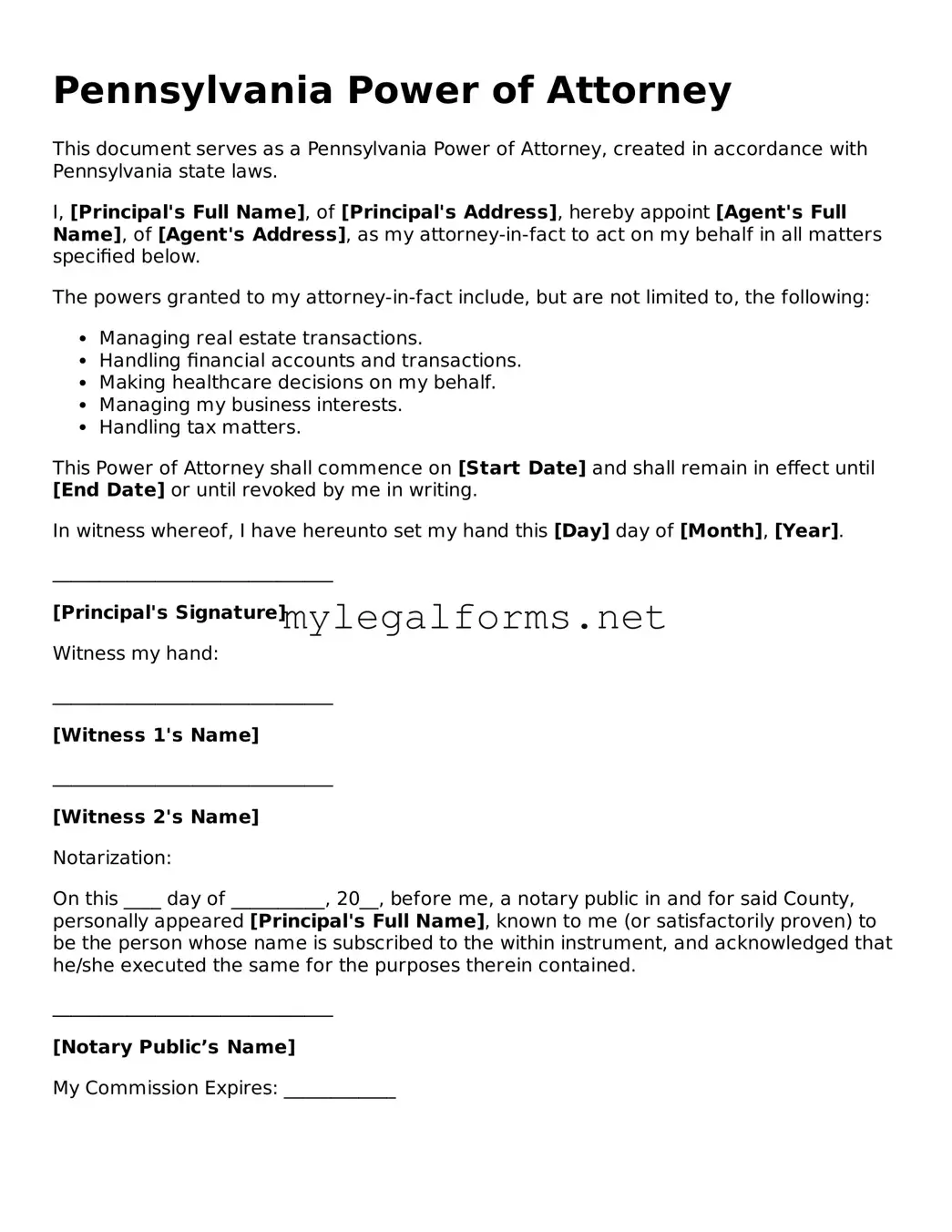 Power of Attorney Document for Pennsylvania State