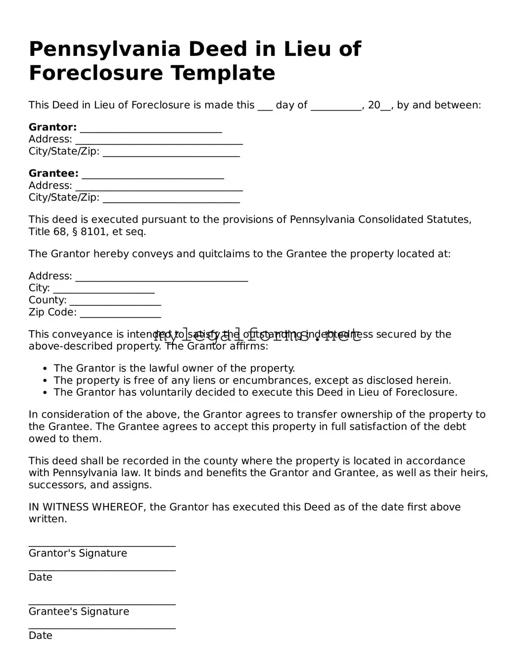 Deed in Lieu of Foreclosure Document for Pennsylvania State