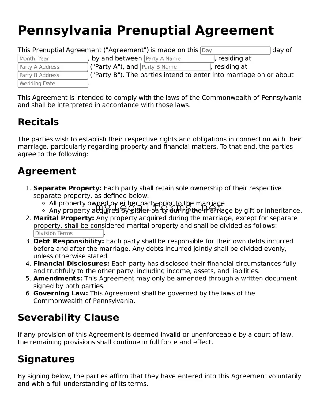 Prenuptial Agreement Document for Pennsylvania State