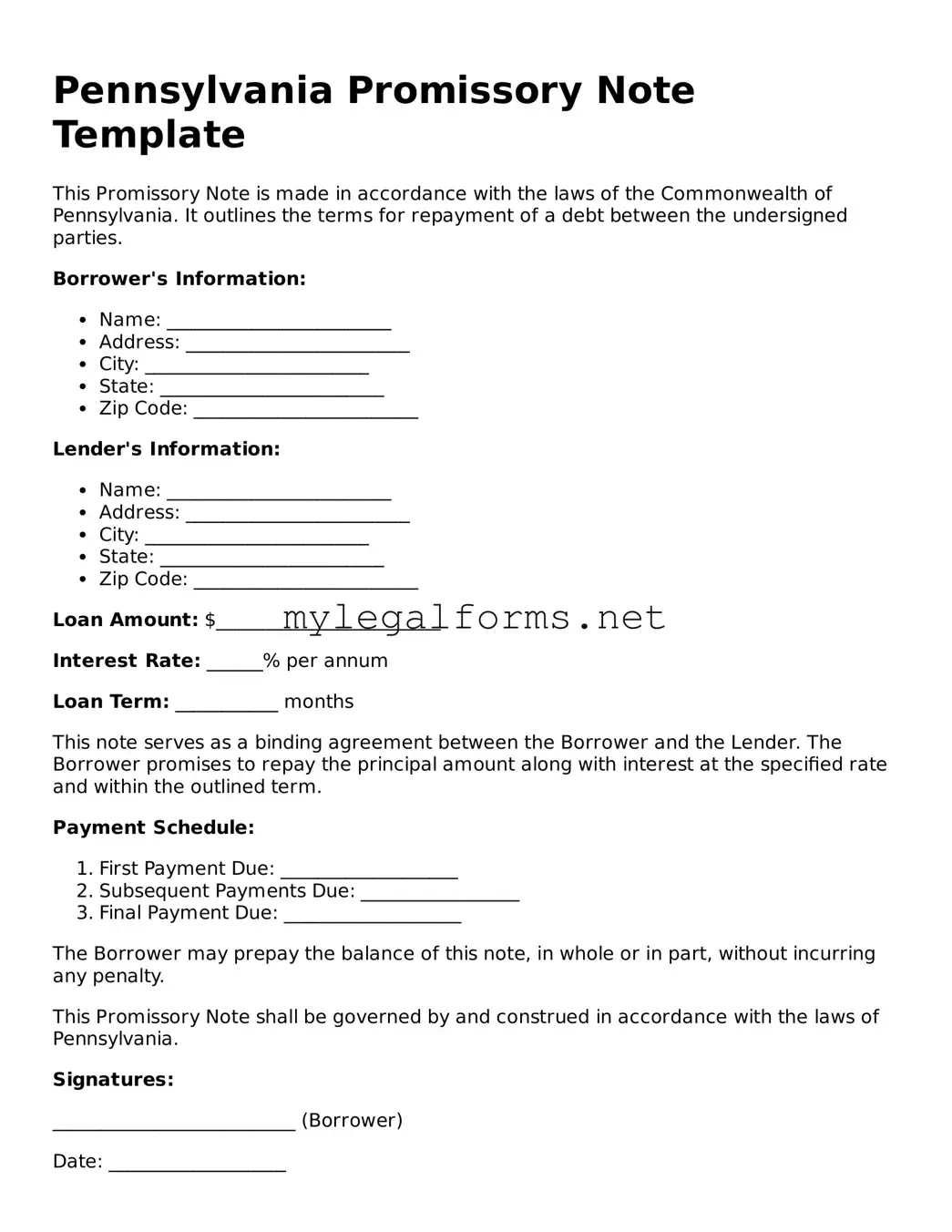 Promissory Note Document for Pennsylvania State