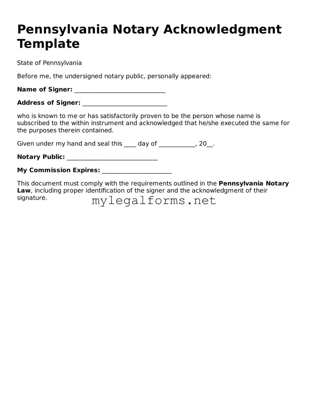 Notary Acknowledgement Document for Pennsylvania State
