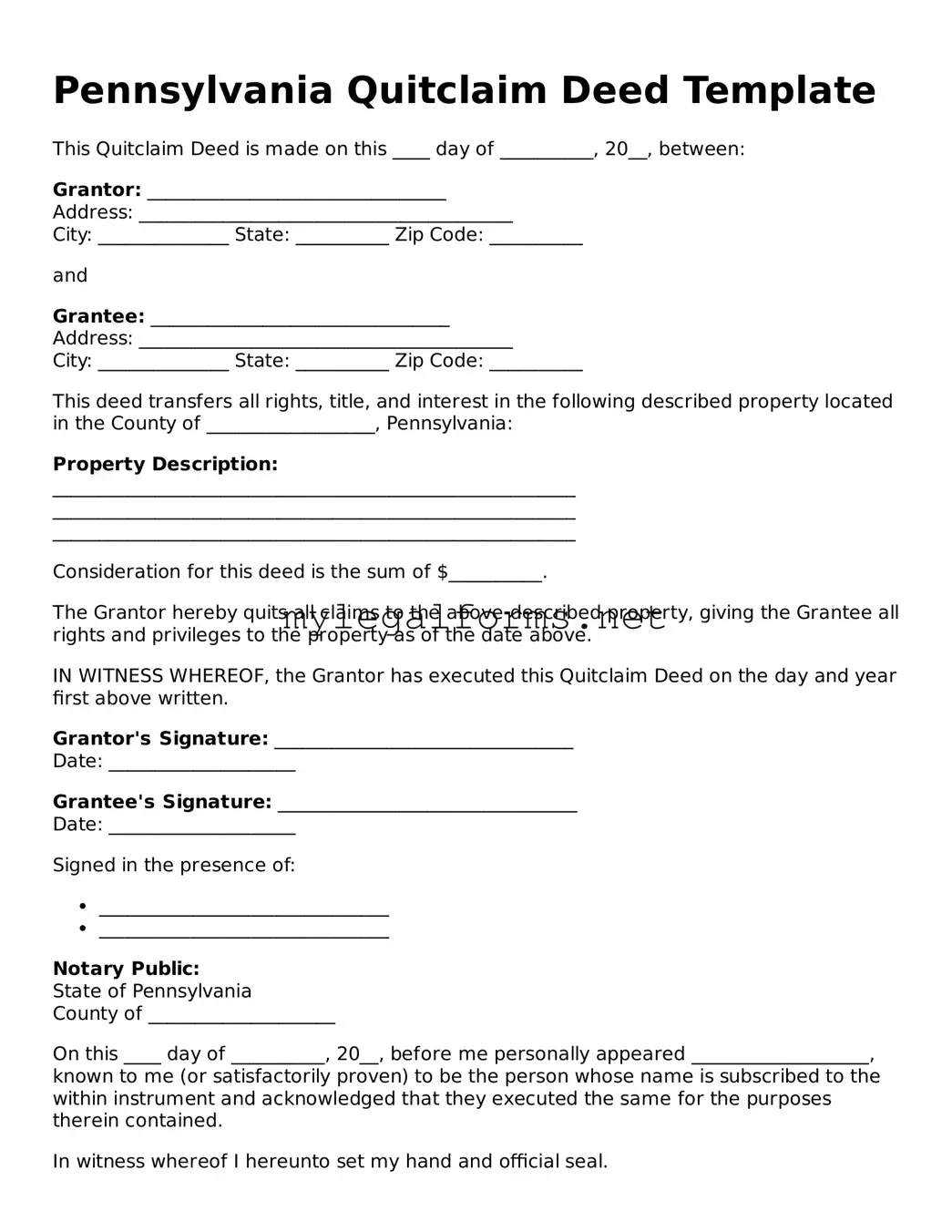 Quitclaim Deed Document for Pennsylvania State