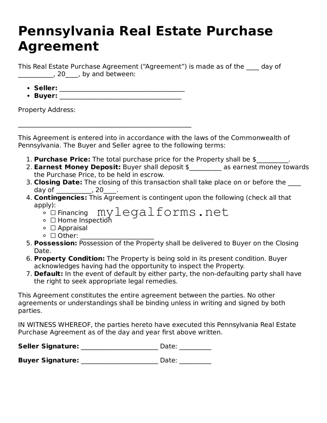Real Estate Purchase Agreement Document for Pennsylvania State