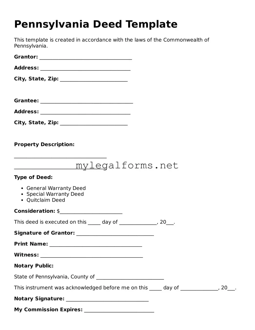 Deed Document for Pennsylvania State