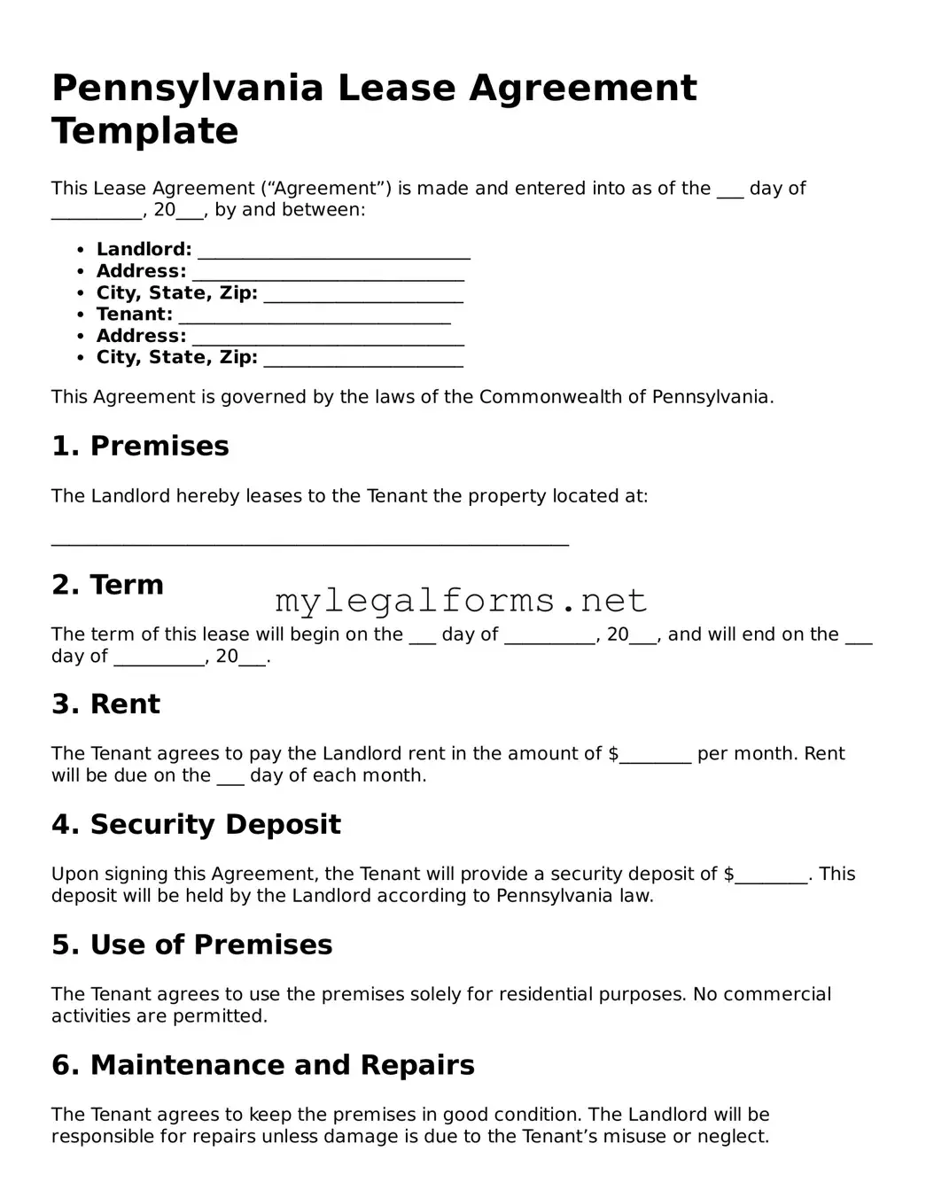 Lease Agreement Document for Pennsylvania State
