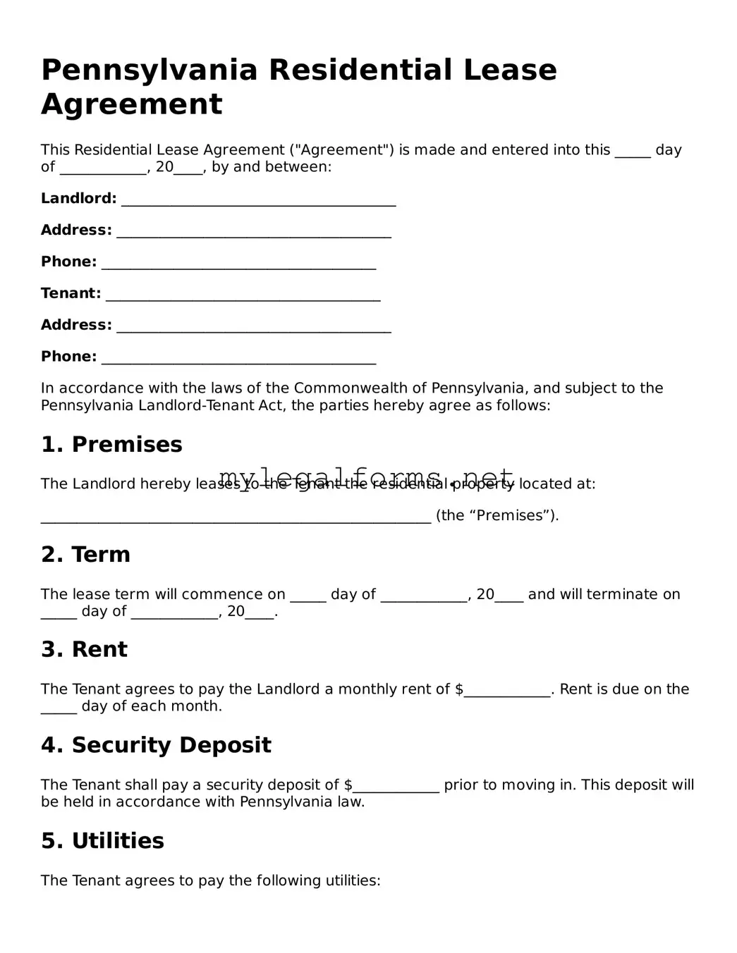 Residential Lease Agreement Document for Pennsylvania State