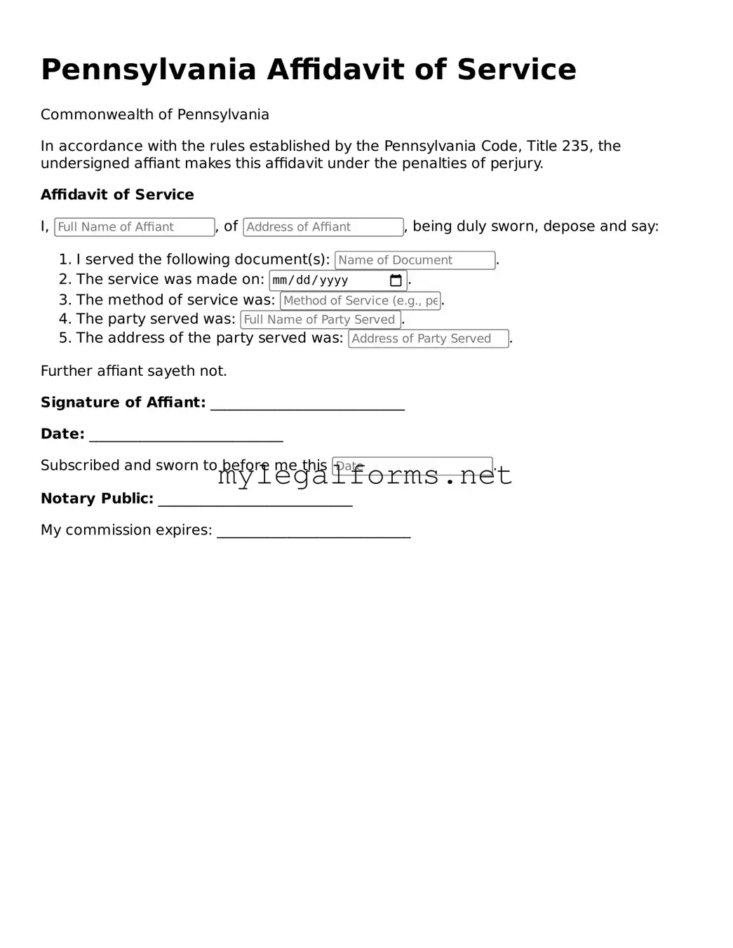 Affidavit of Service Document for Pennsylvania State