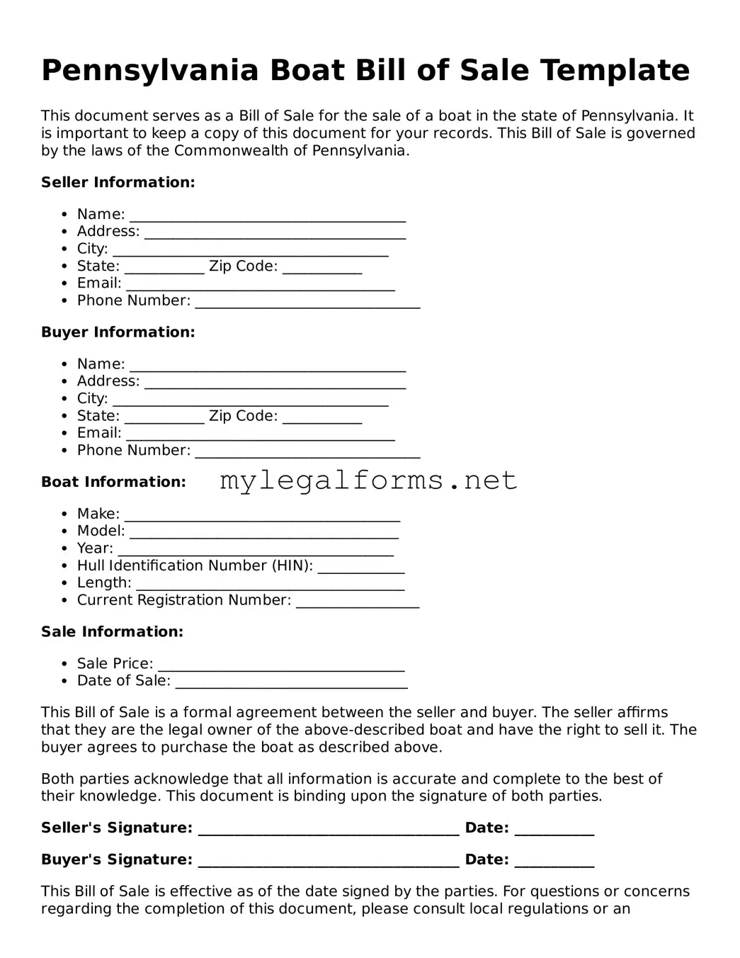 Boat Bill of Sale Document for Pennsylvania State
