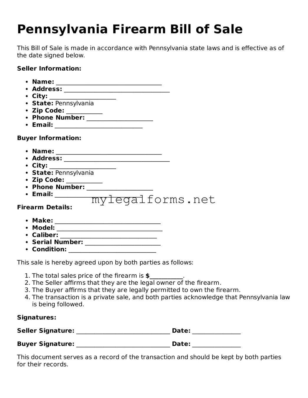 Firearm Bill of Sale Document for Pennsylvania State