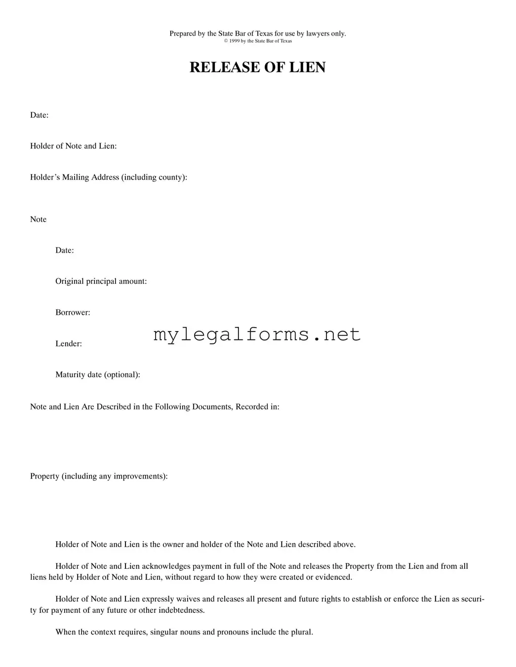 Release Of Lien Texas Template