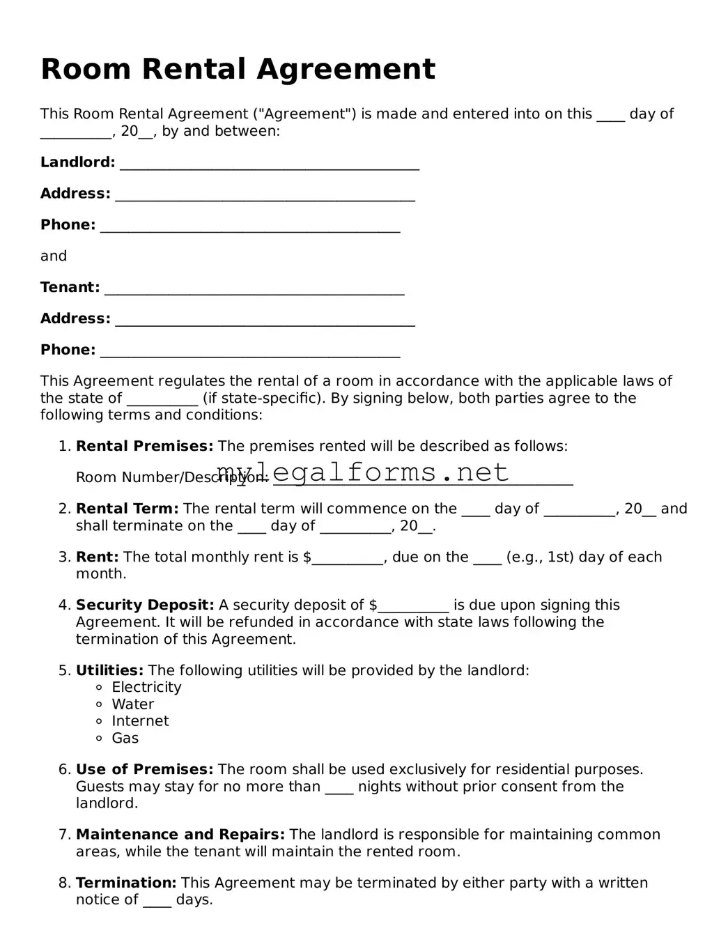 Attorney-Approved Room Rental Agreement Form