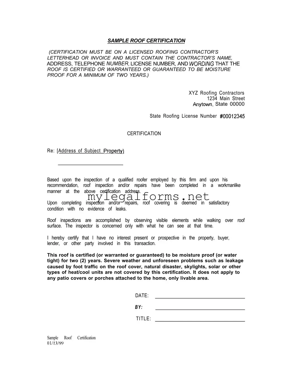 Sample Roof Certification Template