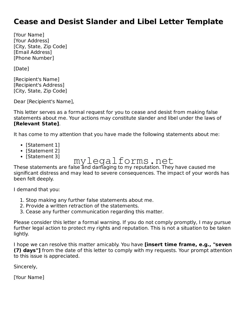 Attorney-Approved Cease and Desist Slander and Libel Letter Form