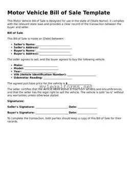 Attorney-Approved Motor Vehicle Bill of Sale Form