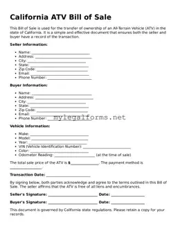 ATV Bill of Sale Document for California State